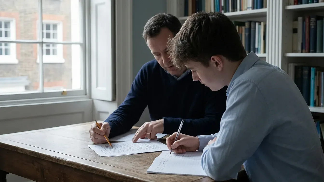 A tutor and a student sitting side by side at a wooden desk beside a sash window, the tutor pointing at a line on a past paper while the student writes in a notebook.