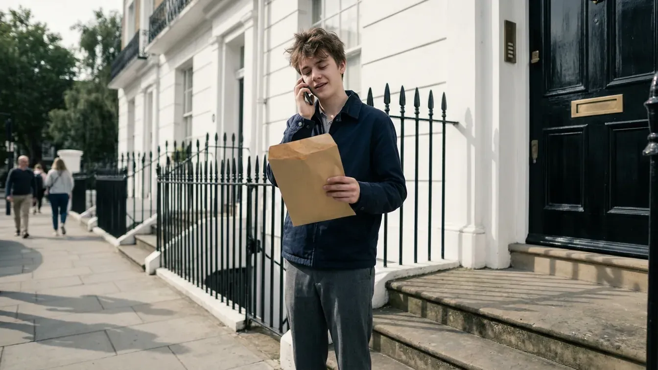 A sixth form student standing outside a white stucco London townhouse on a bright morning, holding an opened results envelope and talking on the telephone.