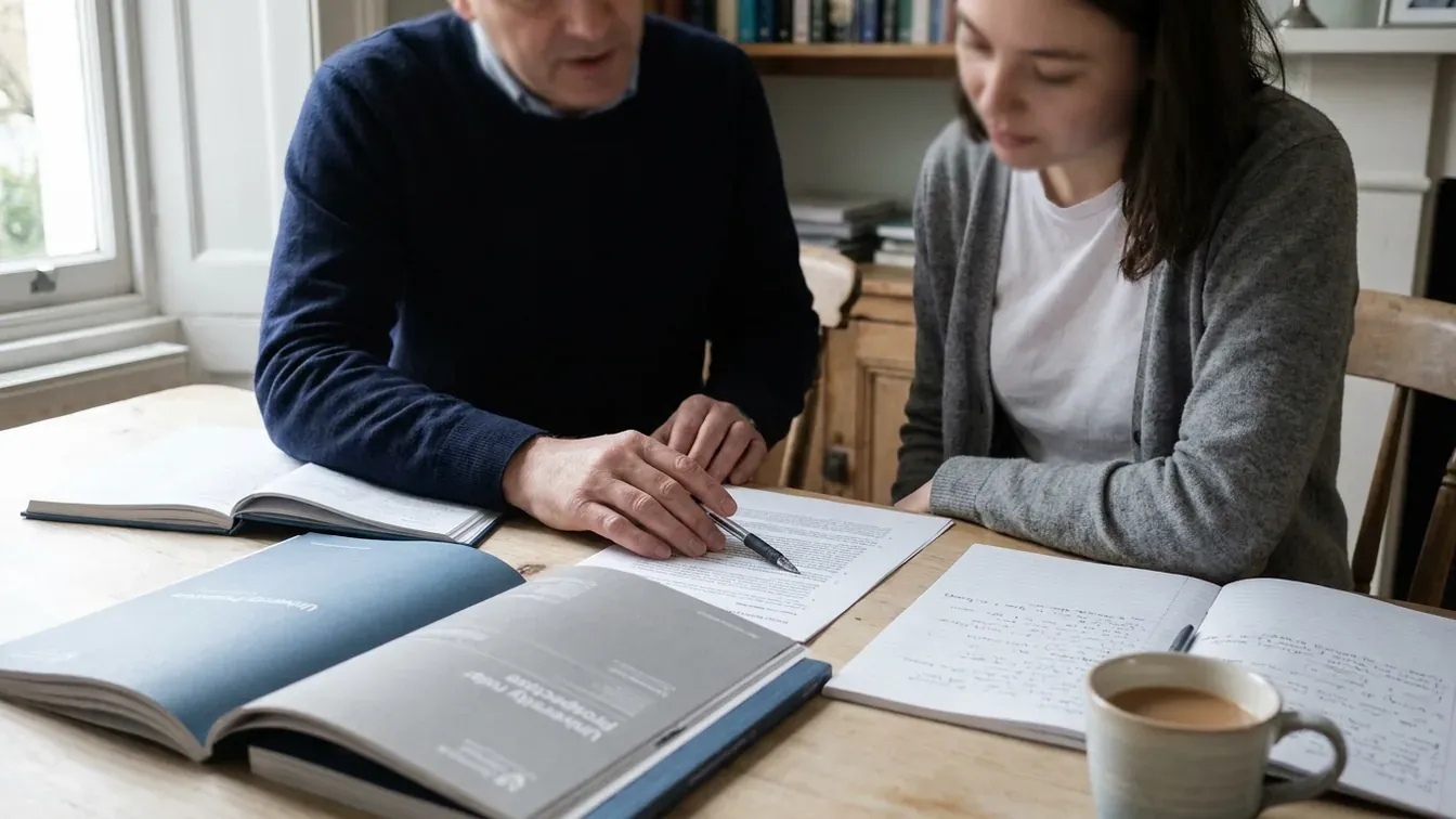 A tutor and a student at a wooden table reviewing a printed personal statement, with open university prospectuses and a page of handwritten notes beside them.